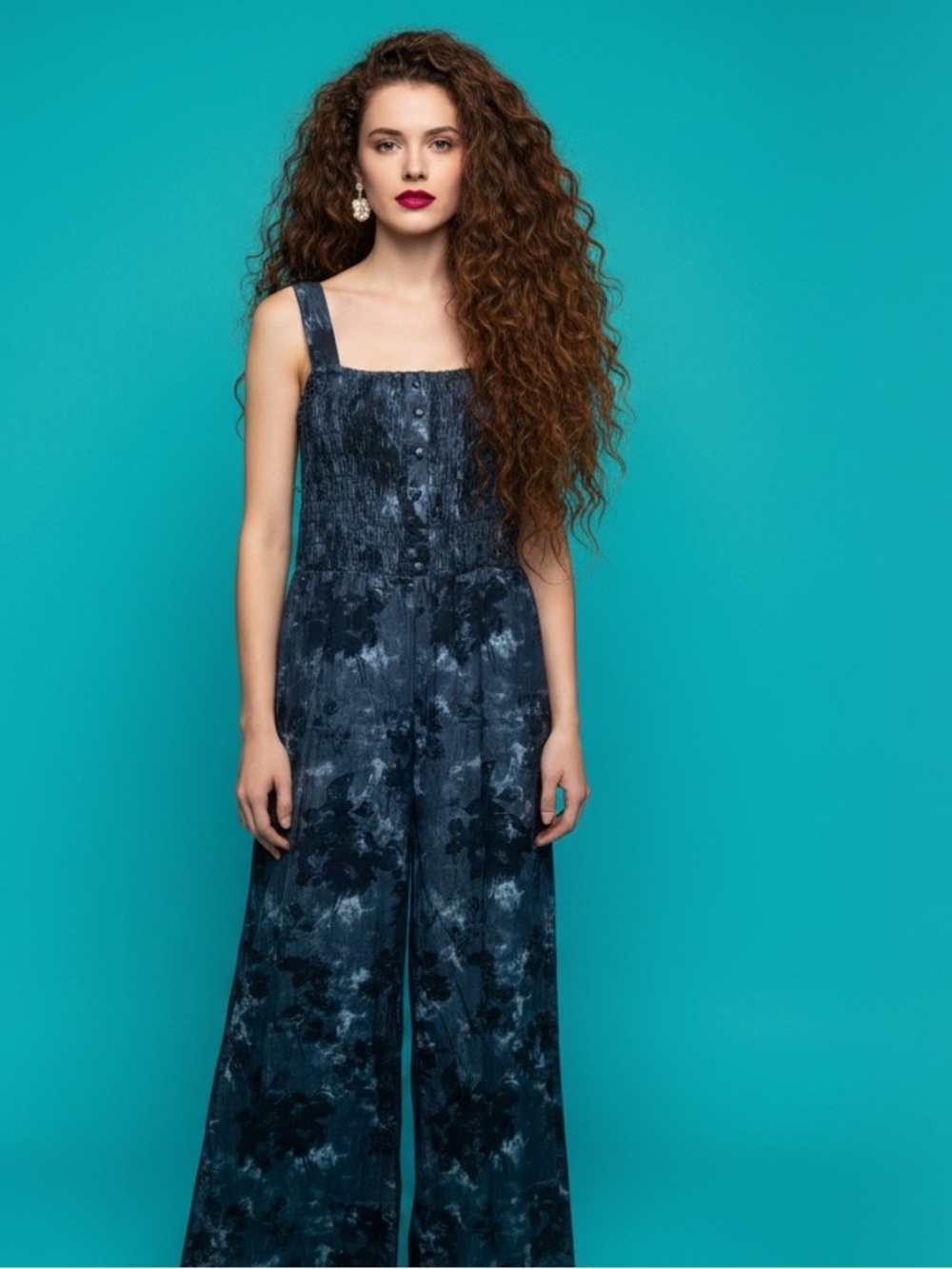 Picadilly Blue Floral Cotton Jumpsuit Smocked Pockets Size S